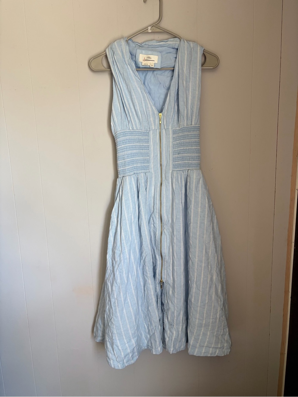 Anthropology Light Blue Sleeveless Striped Midi Dress with Waistband - Picture 2 of 7